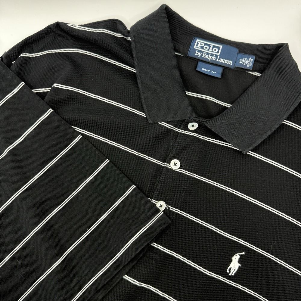 Polo Ralph‎ Lauren Shirt Mens XL Black White Striped Pima Cotton Golf Fit Pony